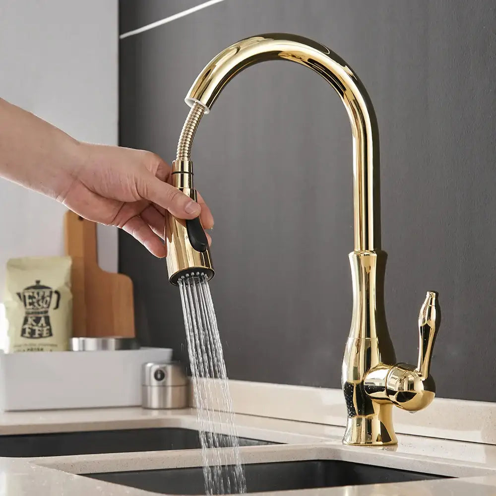 Gold-colored decorbites black single handle kitchen faucet with sleek modern design and flexible pull-down spray head