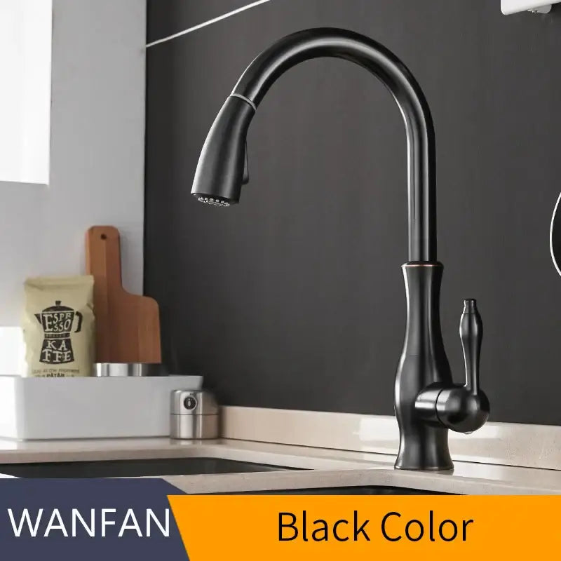 Modern black single handle kitchen faucet with matte finish curved swivel spout and pull-down spray head by decorbites single handle