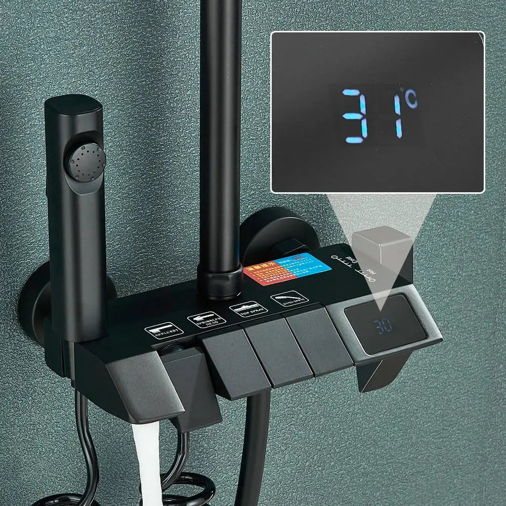 Modern black smart digital rainfall shower system with digital temperature display and multiple control buttons