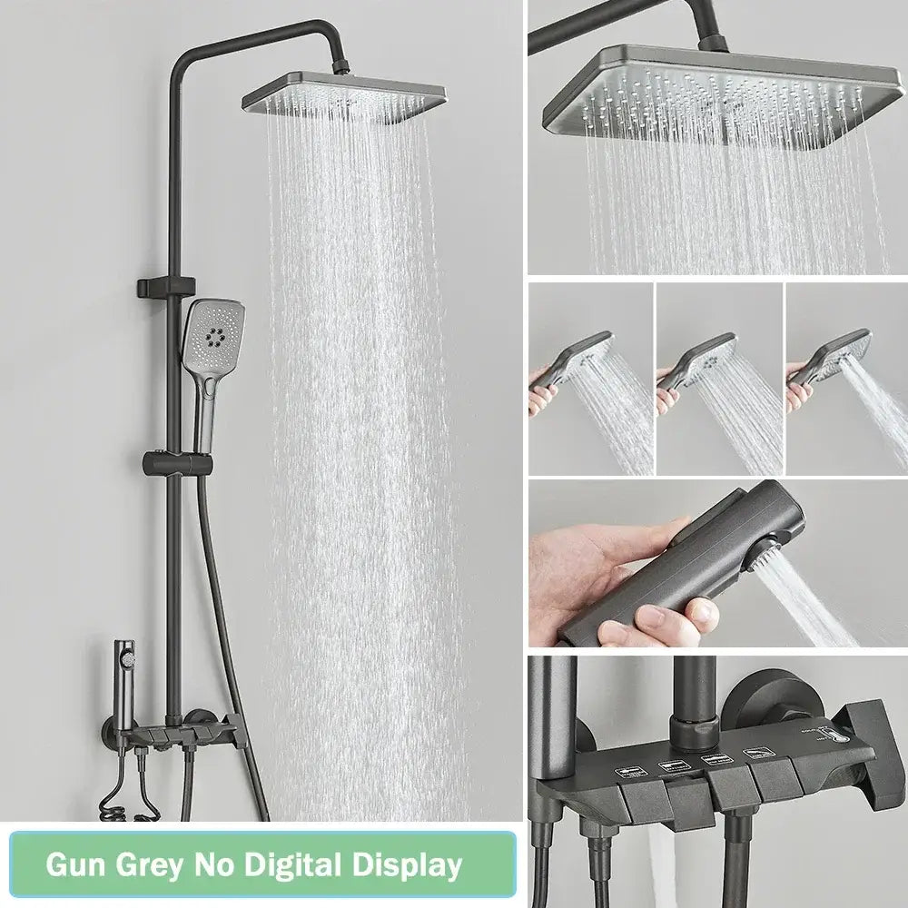 Modern black smart digital rainfall shower system with gun grey square rainhead, handheld shower, and usb control panel