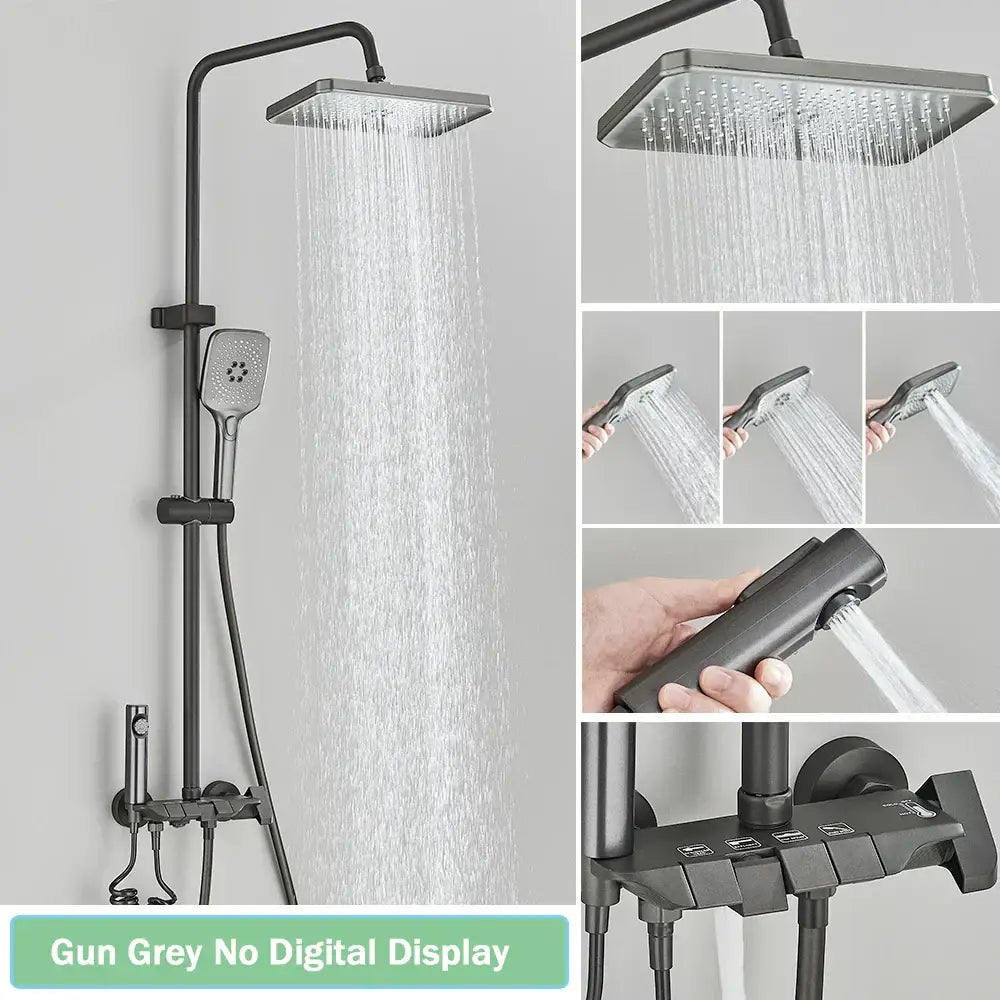 Gun grey modern black smart digital rainfall shower system with square rainhead handheld shower and multifunction control panel