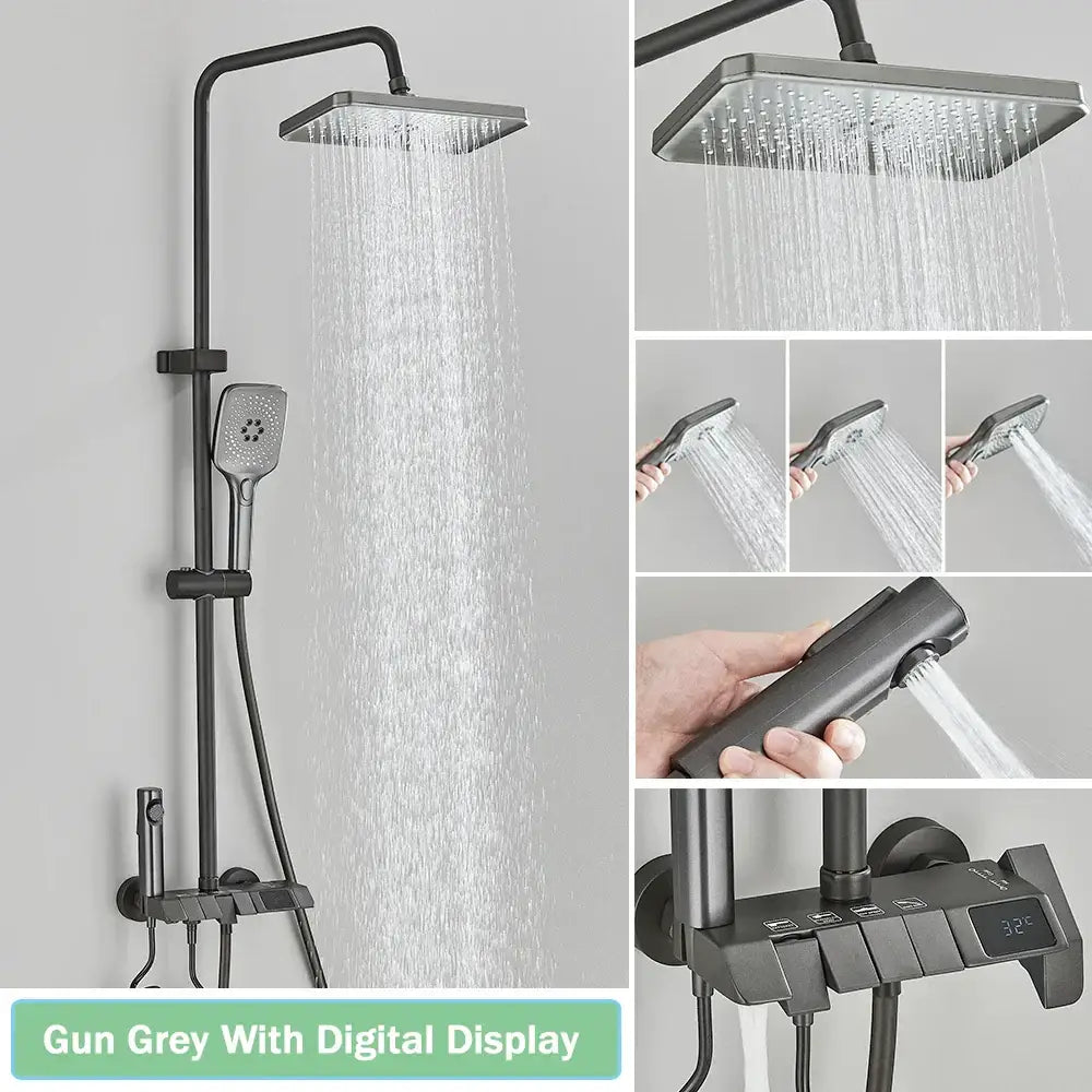 Modern black smart digital rainfall shower system with gun grey square rainhead handheld spray and digital temperature display