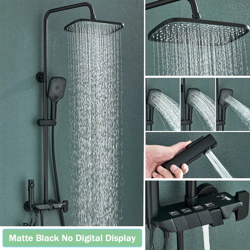 Matte black smart digital rainfall shower system with square rainhead handheld spray and control panel decorbites black smart digital