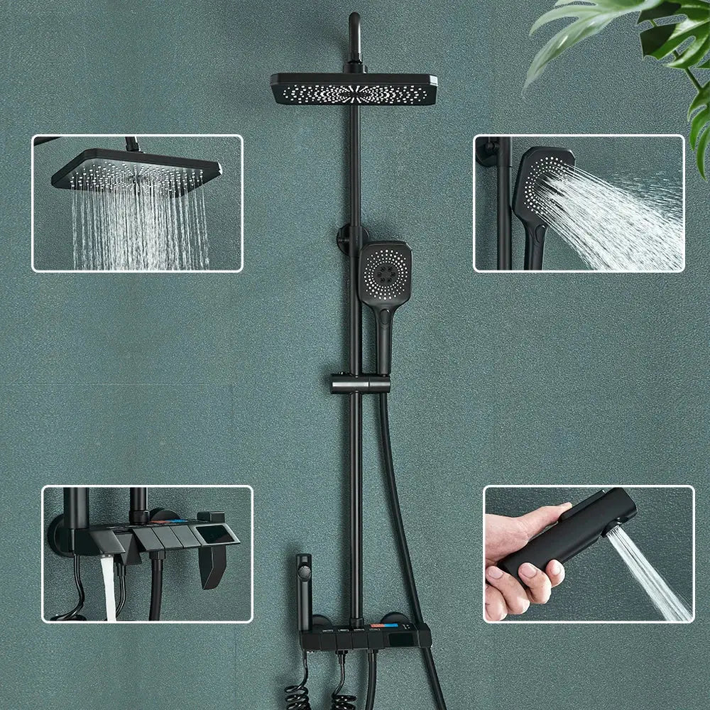 Modern black smart digital rainfall shower system with black matte finish square rainhead and foldable handheld spray hose