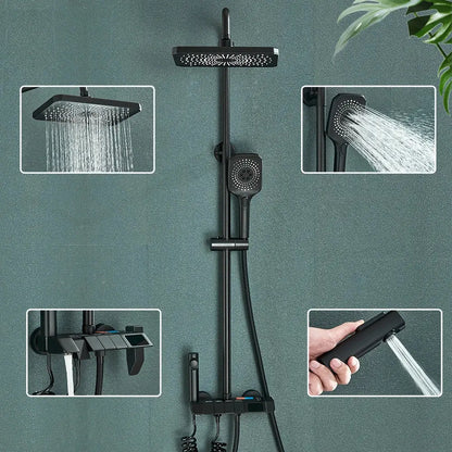 Modern black smart digital rainfall shower system with black matte finish square rainhead and foldable handheld spray hose