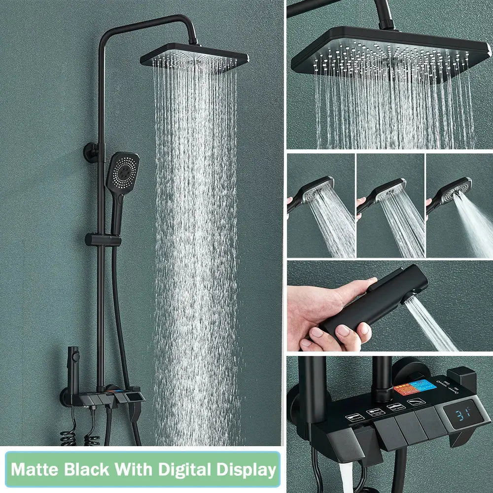 Matte black smart digital rainfall shower system with square rainhead handheld shower and digital control panel decorbites black smart