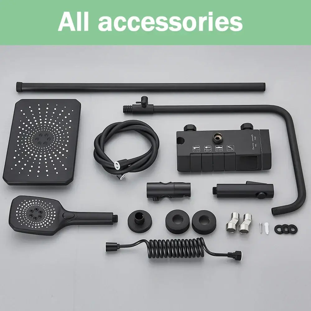 Modern black smart digital rainfall shower system with matte finish, rectangular rainhead, handheld spray, and coiled hoses