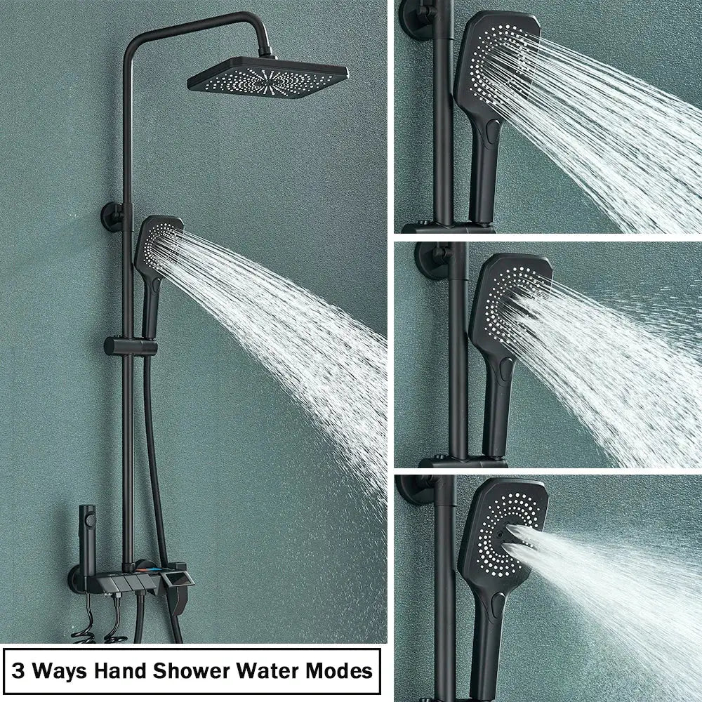 Modern black smart digital rainfall shower system with black matte finish square rainhead and three water modes