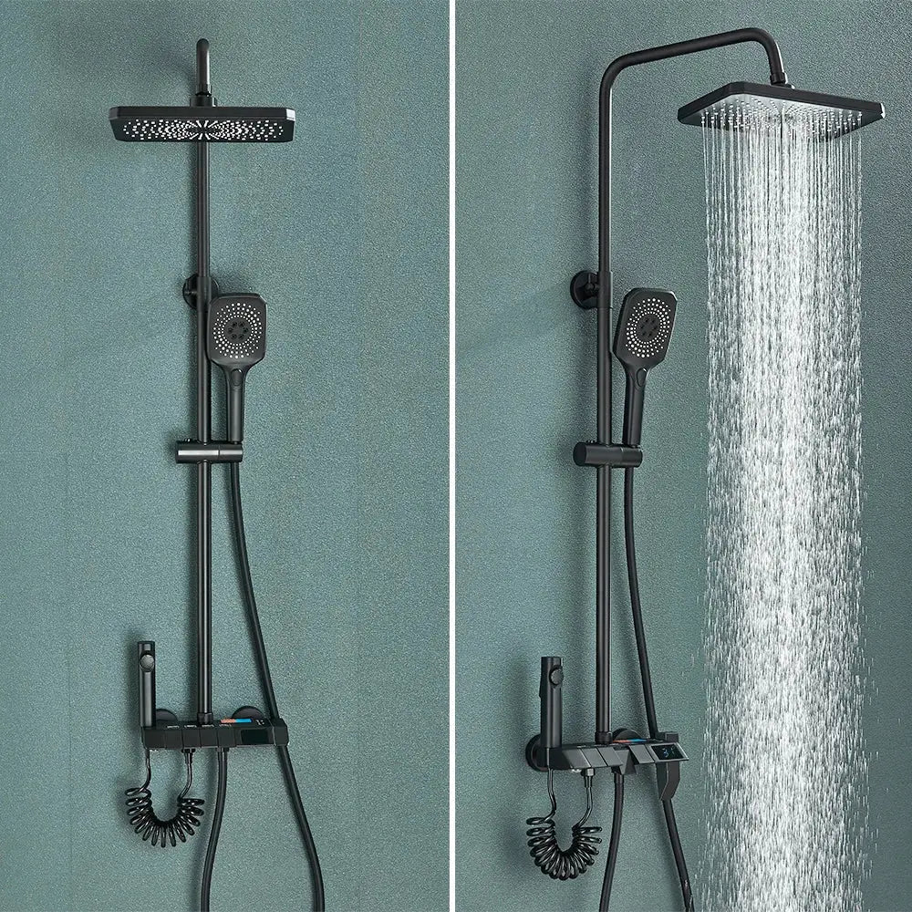 Modern black smart digital rainfall shower system with matte finish square rainhead and handheld spray nozzle bathroom set
