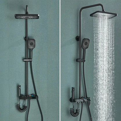 Modern black smart digital rainfall shower system with matte finish square rainhead and handheld spray nozzle bathroom set