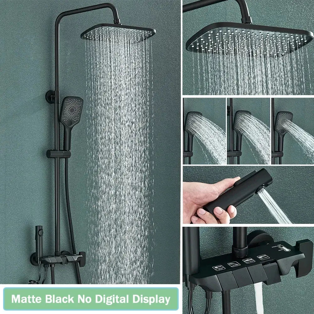 Matte black smart digital rainfall shower system with square rainhead handheld spray and wall-mounted control panel