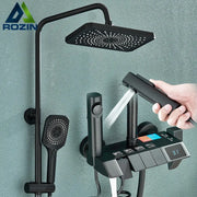 Modern black smart digital rainfall shower system with matte finish square rainhead handheld spray and digital control panel