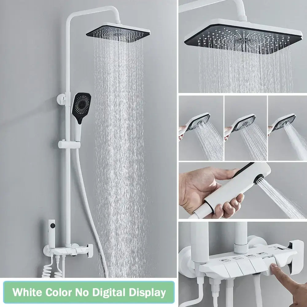Modern black smart digital rainfall shower system featuring a white square rain shower head with black smart digital accents and multiple spray settings