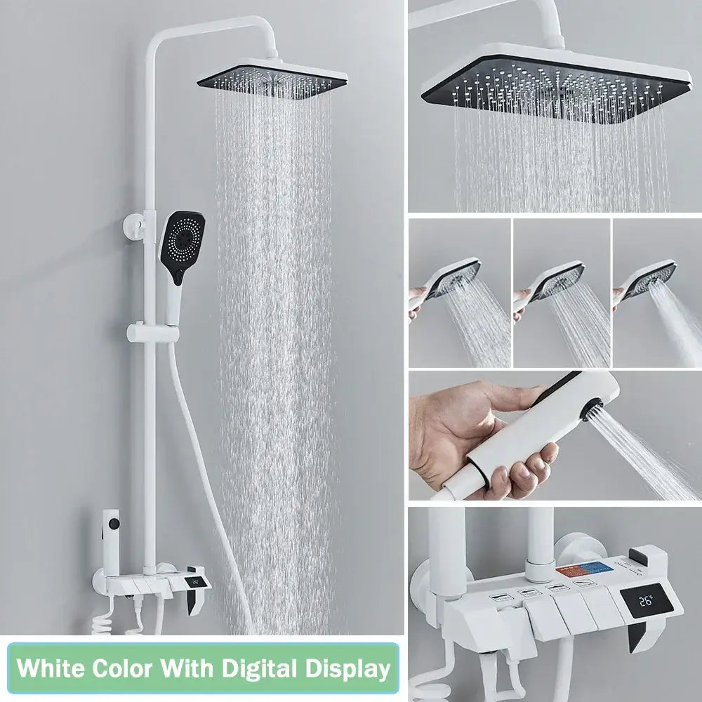 Modern black smart digital rainfall shower system with white square rainhead handheld spray and digital temperature display