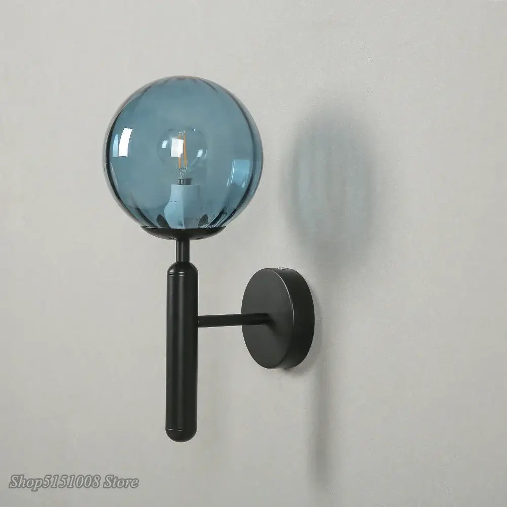 Modern black smoked glass ball led wall lamp with blue decorbites glass ball and black metal mounting plate
