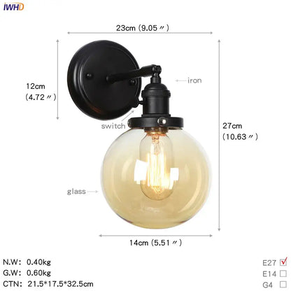 Modern black iron glass ball wall sconce with frosted amber globe and exposed filament bulb for hallway decorbites glass ball