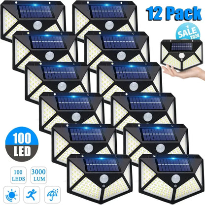 Modern black solar powered outdoor wall lamp with 100 white led lights and blue tinted solar panel for garden use