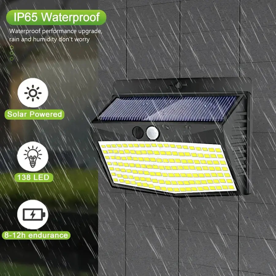 Modern black solar wall lamp with 138 bright white leds and ip65 waterproof rating for outdoor security lighting