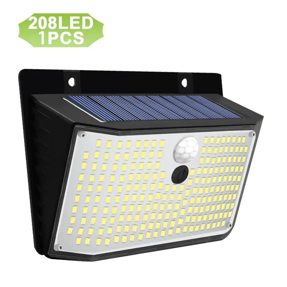 Modern black solar wall lamp with 208 bright white leds and motion sensor for outdoor security lighting