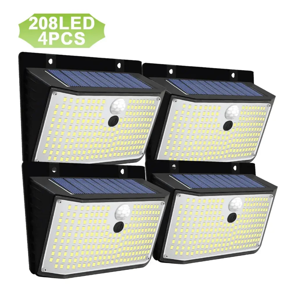 Modern black solar wall lamp with 208 bright white leds and integrated blue solar panel for outdoor security lighting