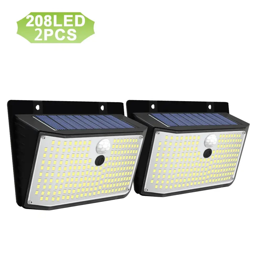 Modern black solar wall lamp with 208 bright white leds and integrated blue solar panels for outdoor security lighting