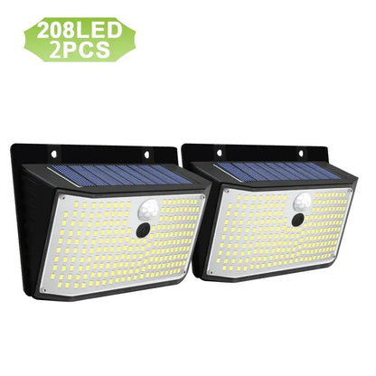 Modern black solar wall lamp with 208 bright white leds and integrated blue solar panels for outdoor security lighting