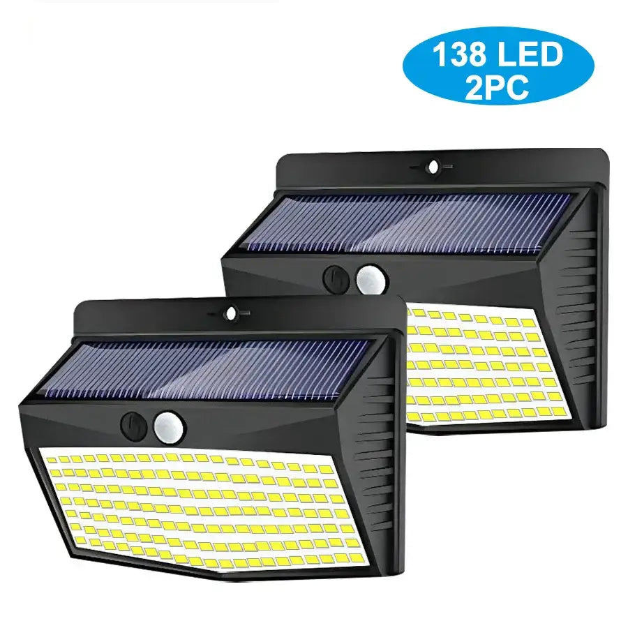 Modern black solar wall lamp with 138 led bulbs in grid pattern for outdoor motion sensor security lighting