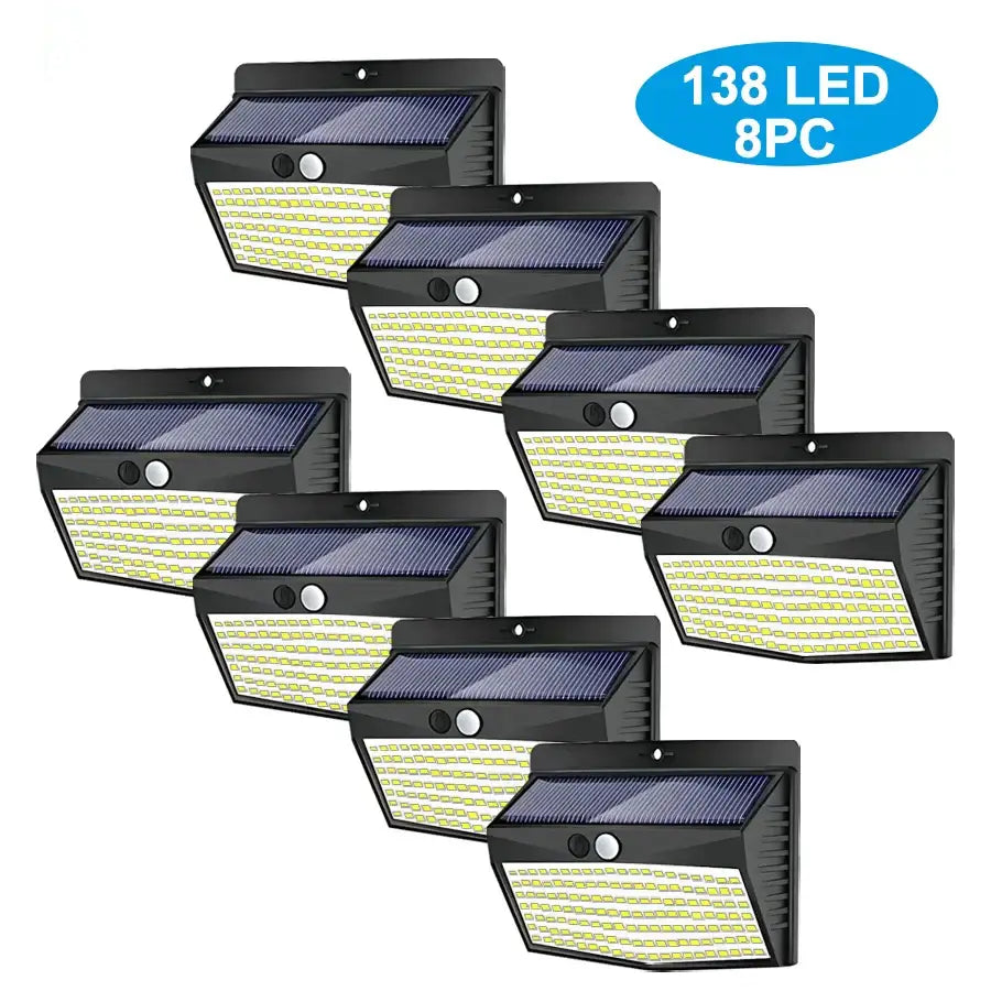Modern black solar wall lamp with 138 led grid motion sensor for outdoor security lighting