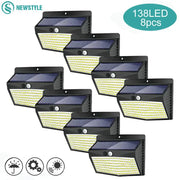 Modern black solar wall lamp with 138 leds and motion sensor for outdoor security and energy-efficient lighting