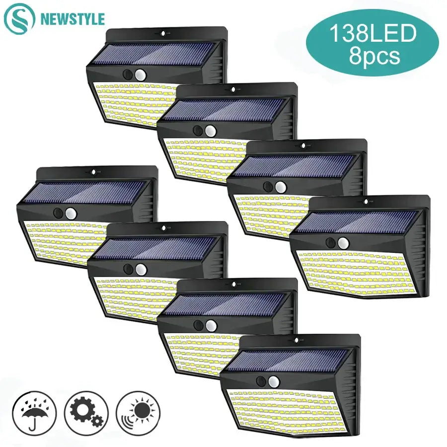 Modern black solar wall lamp with 138 leds and motion sensor for outdoor security and energy-efficient lighting
