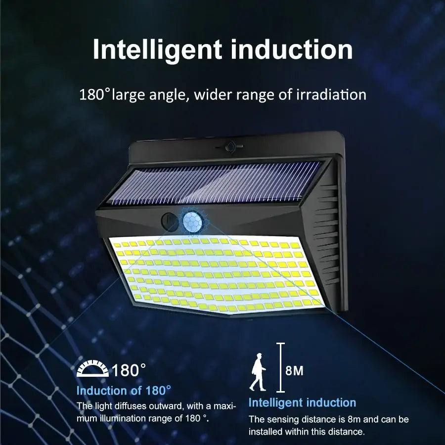 Modern black solar wall lamp with bright white led grid and integrated motion sensor for outdoor security lighting