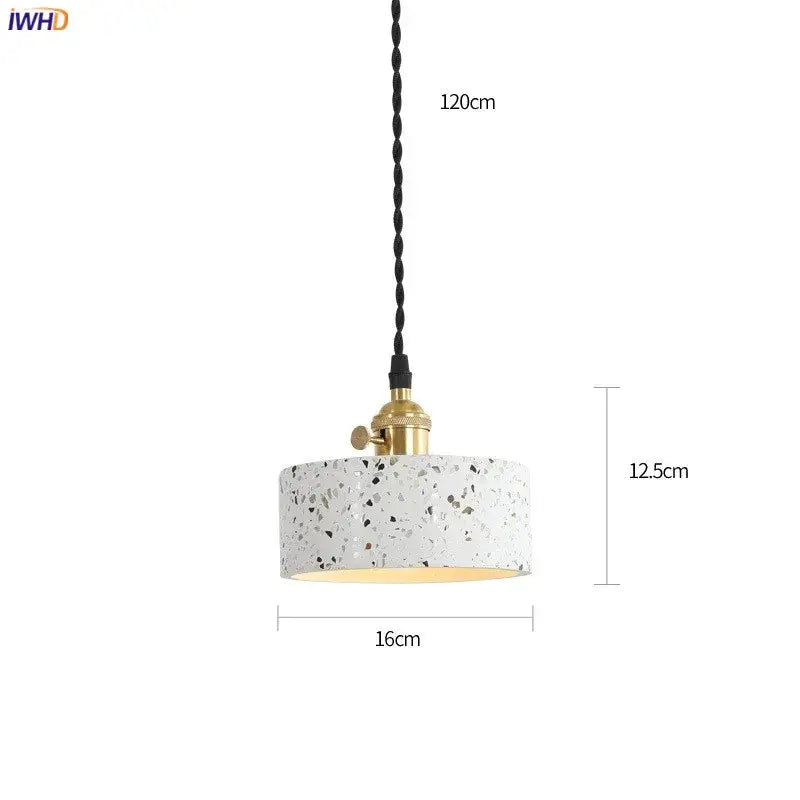 Modern black speckled cement pendant lamp with white terrazzo shade brass accent and black twisted cord by decorbites cement pendant