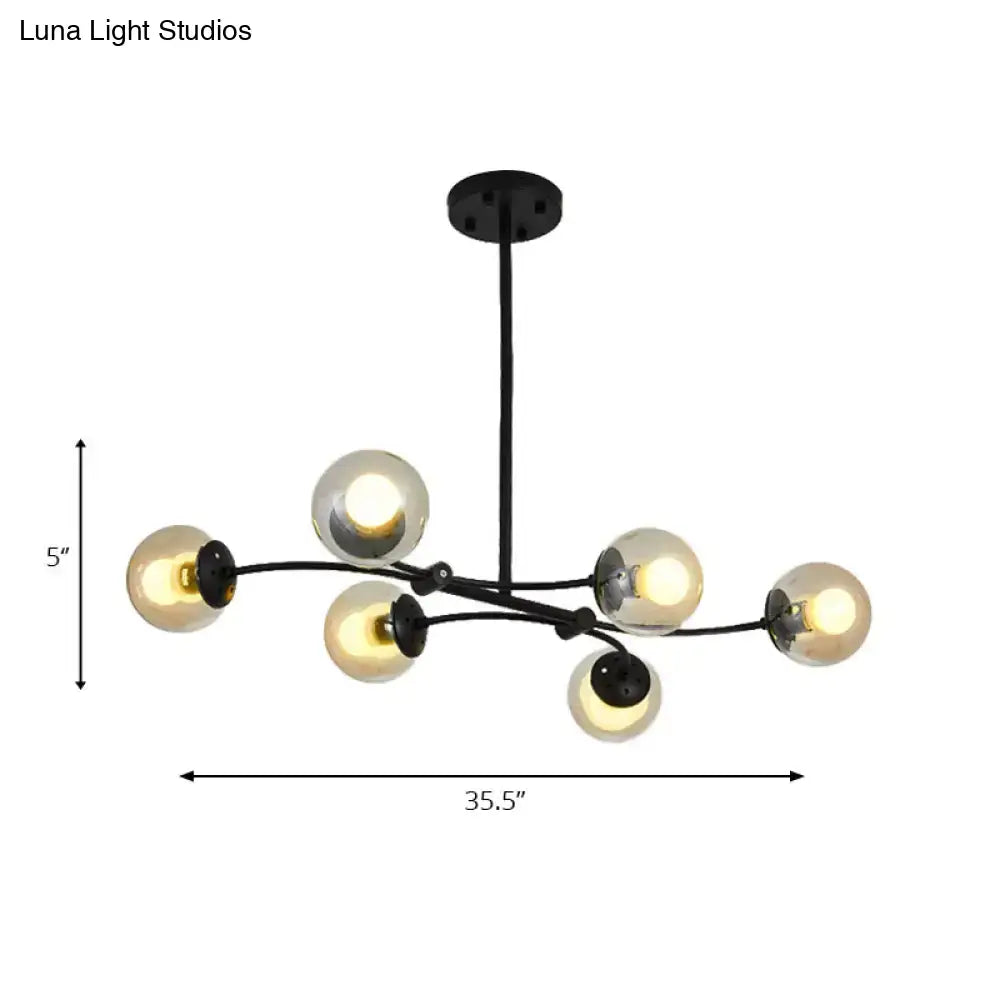 Decorbites modern 6-head black metal sphere shade buffet chandelier with amber glass globes for stylish island lighting compatible with 220v-240v and 110v-120v