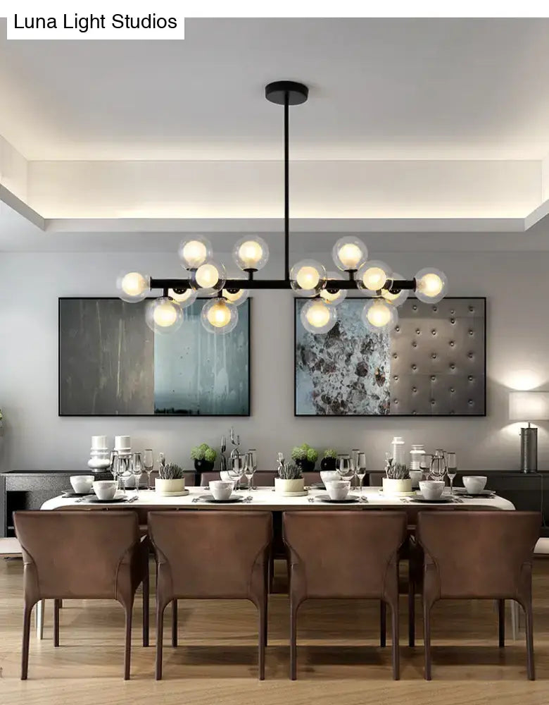 Modern black spherical glass ceiling light chandelier with bulb base designed for elegant dining room settings