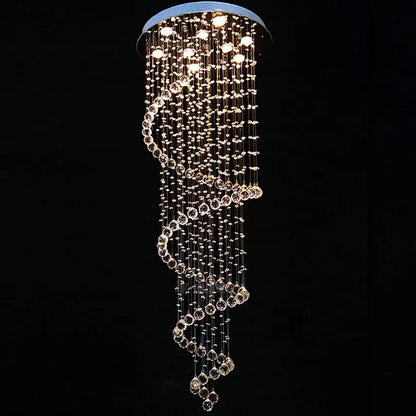 A modern black spiral decorbites crystal pendant chandelier with cascading clear faceted beads for bedroom light