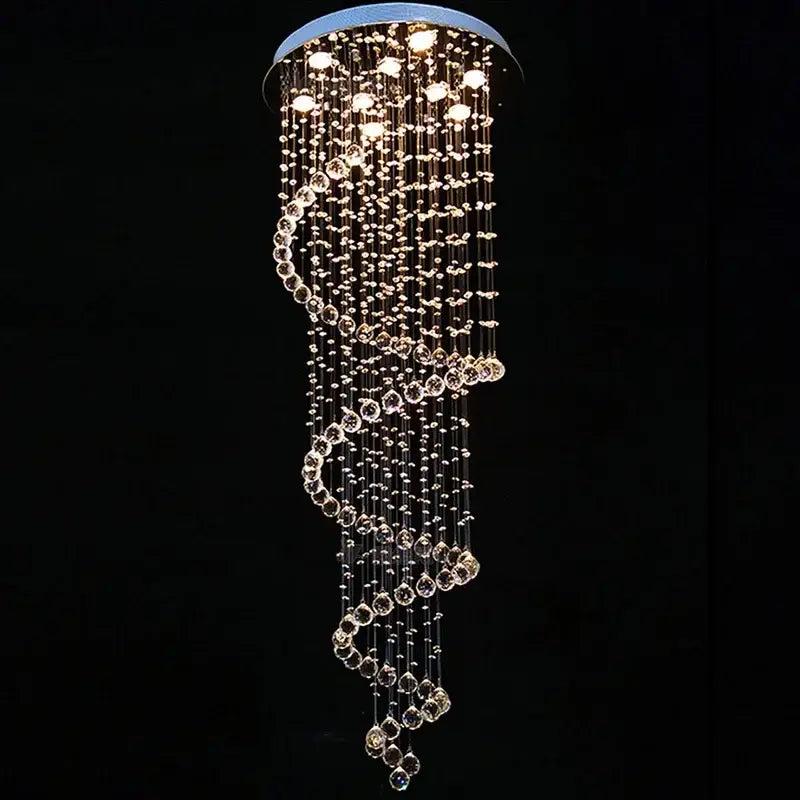 A modern black spiral decorbites crystal pendant chandelier with cascading clear faceted beads for bedroom light