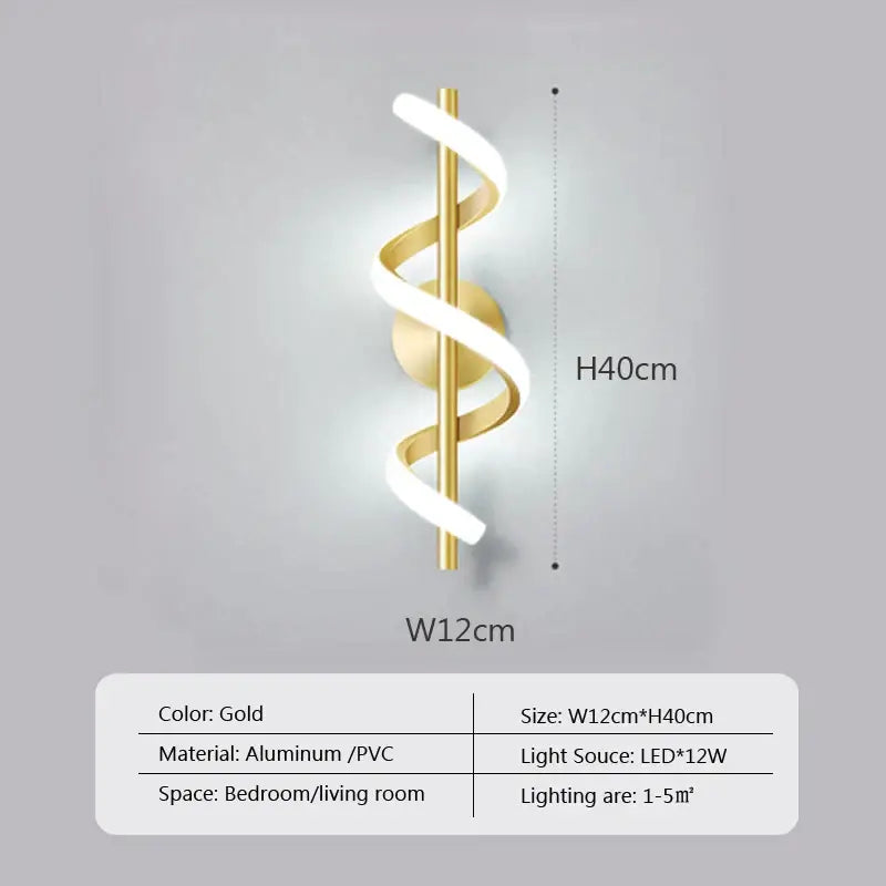 Modern black spiral led wall lamp with gold aluminum and pvc design featuring an integrated led wall light source