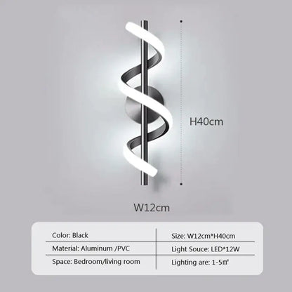 Modern black spiral led wall lamp with sleek aluminum and pvc design measuring 12cm by 40cm for bedroom use