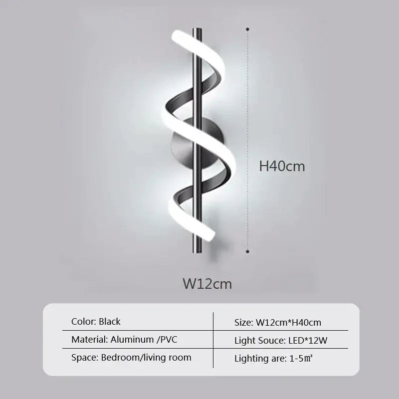 Modern black spiral led wall lamp with sleek aluminum and pvc design measuring 12cm by 40cm for bedroom use