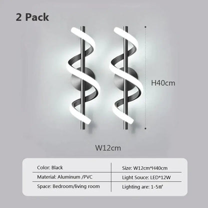 Modern black spiral led wall lamp made of aluminum and pvc 12cm by 40cm for bedroom lighting