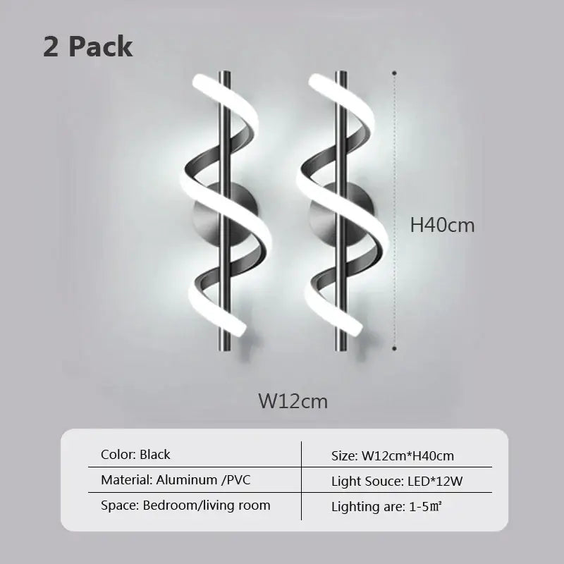 Modern black spiral led wall lamp made of aluminum and pvc 12cm by 40cm for bedroom lighting