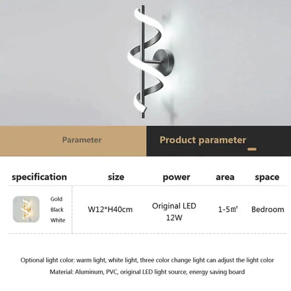 Modern black spiral led wall lamp with sleek design available in gold black or white finishes for bedroom lighting