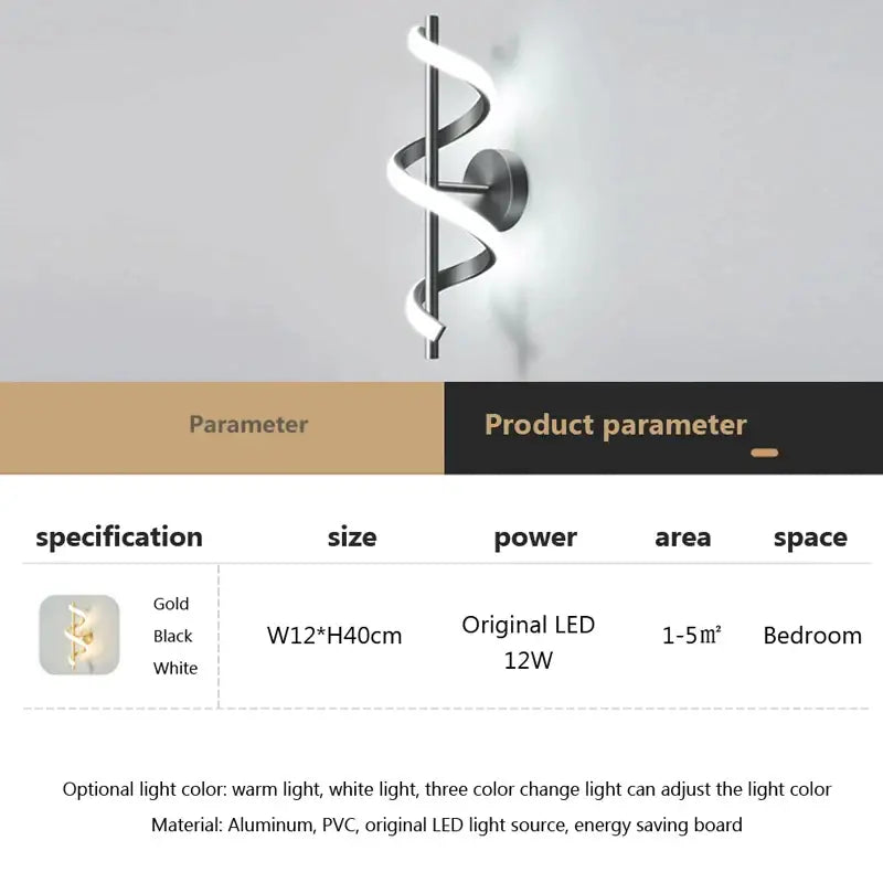 Modern black spiral led wall lamp with sleek design available in gold black or white finishes for bedroom lighting