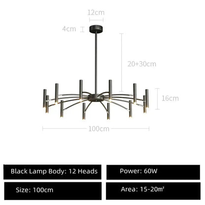 Modern black sputnik chandelier metal light fixture with 12 slender arms and cylindrical lights for living room decorbites black sputnik