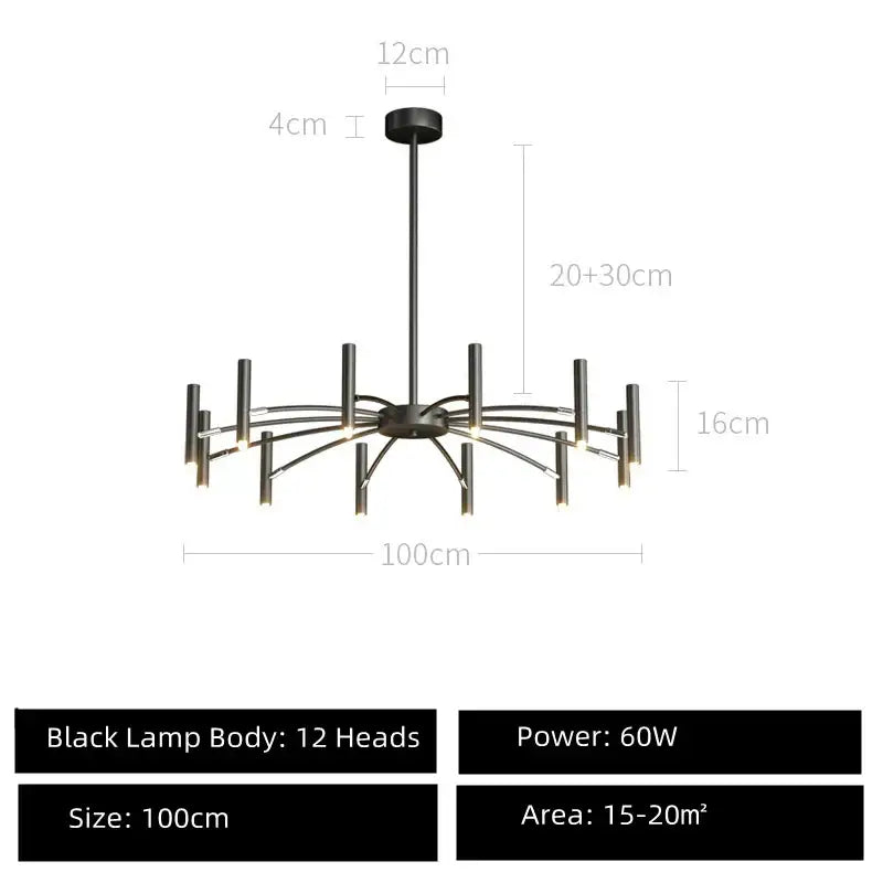 Modern black sputnik chandelier metal light fixture with 12 slender arms and cylindrical lights for living room decorbites black sputnik