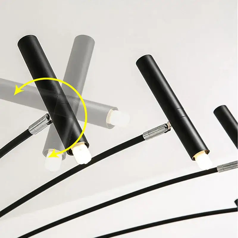 Modern black sputnik chandelier with black cylindrical led light fixtures metal connectors and warm white illumination