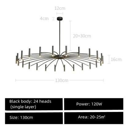 Modern black sputnik chandelier with 24 slender arms and cylindrical metal light heads for living room decorbites black sputnik
