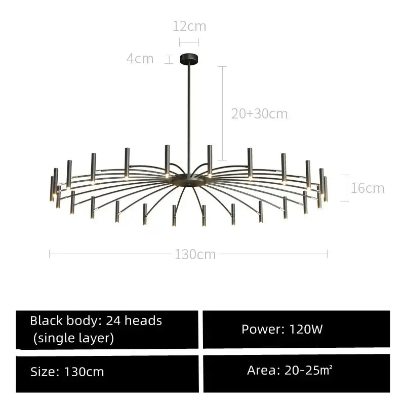 Modern black sputnik chandelier with 24 slender arms and cylindrical metal light heads for living room decorbites black sputnik