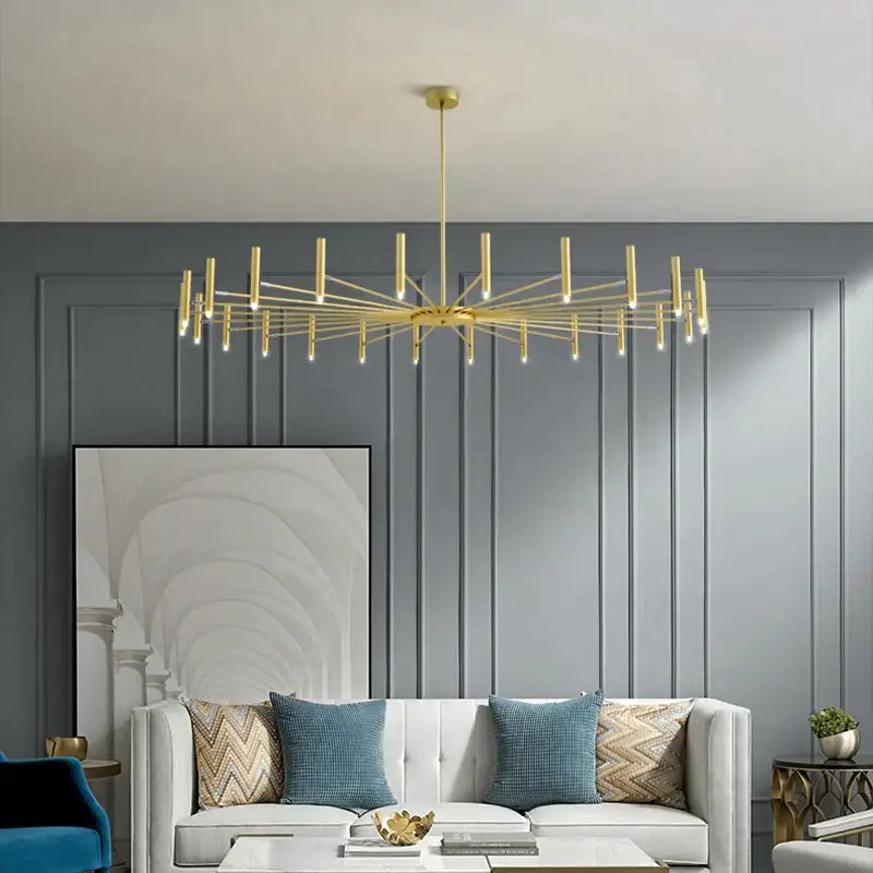 Modern black sputnik chandelier with gold-toned metal arms and cylindrical light fixtures for living room decorbites black sputnik