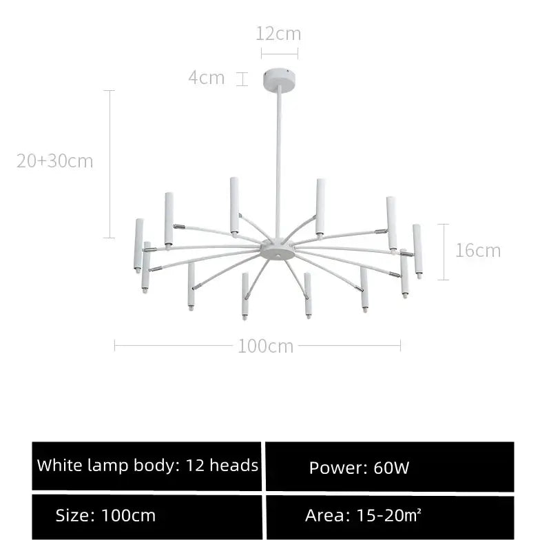 Modern black sputnik chandelier with twelve white cylindrical light heads in radial pattern metal living room fixture decorbites black